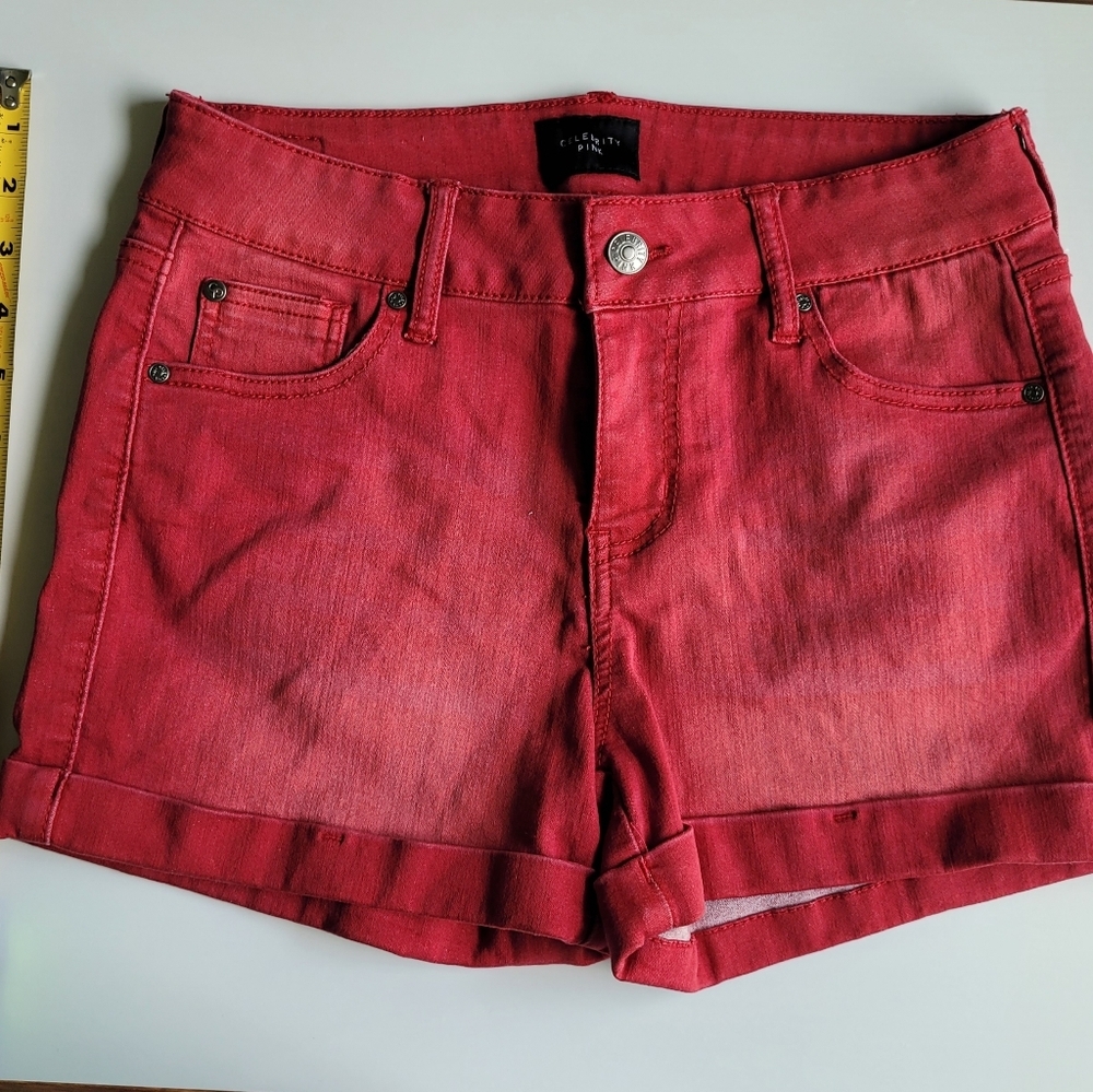 Celebrity Pink Red Jean Shorts with Cuffed Hem